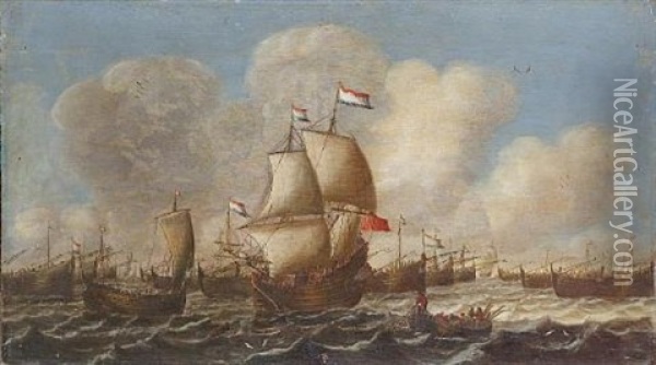 A Dutch Fishing Fleet In Choppy Waters Oil Painting - Pieter Coopse