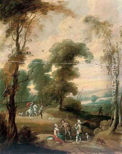 A wooded landscape with a hawking party on a track Oil Painting - Lucas Van Uden
