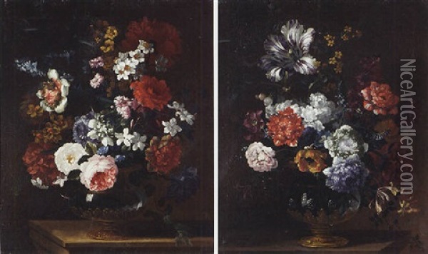 Roses, Anemones, Narcissi And Other Flowers In An Ormolu-mounted Vase On A Table Oil Painting - Pieter Casteels III