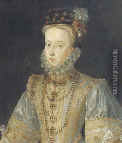 Portrait of Maria of Austria, half-length, in a silver silk dress Oil Painting - Francois Clouet