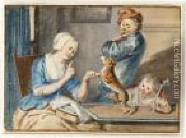 A) A Couple In An Interior With A
 Cat And A Dog; B) A Couple And Child In An Interior Teasing A Dog Oil Painting - Aert Schouman
