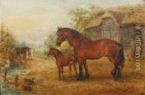 Horse And Foal By A Thatched Barn; Cattlewatering By A Bridge Oil Painting - Edwin Frederick Holt