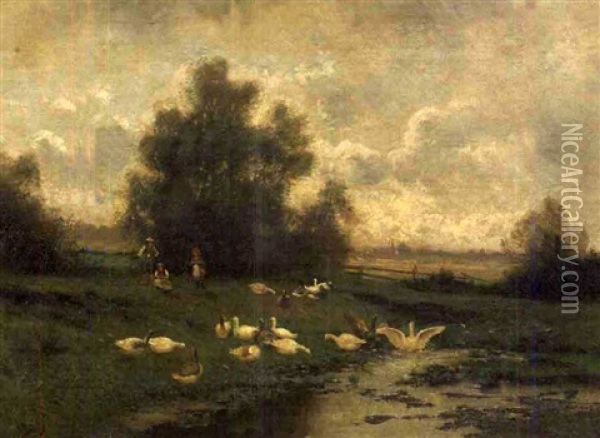 Pastoral Landscape With A Flock Of Birds And Three Children Oil Painting - Adolf Lins