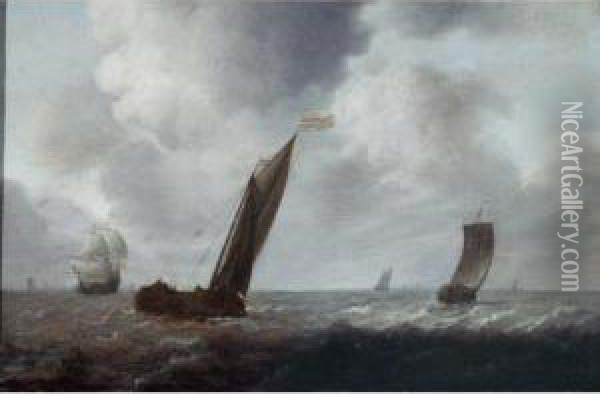 Fishing Boats And Other Vessels Offshore In A Choppy Sea Oil Painting - Simon De Vlieger