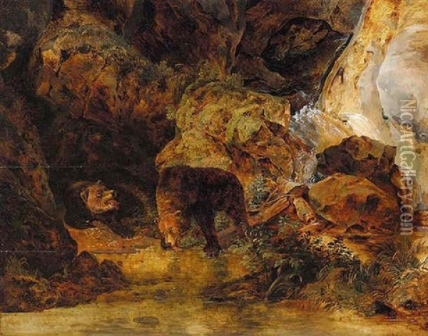 Zwei Baren An Einer Quelle (two Bears By A Spring) Oil Painting - Friedrich Gauermann