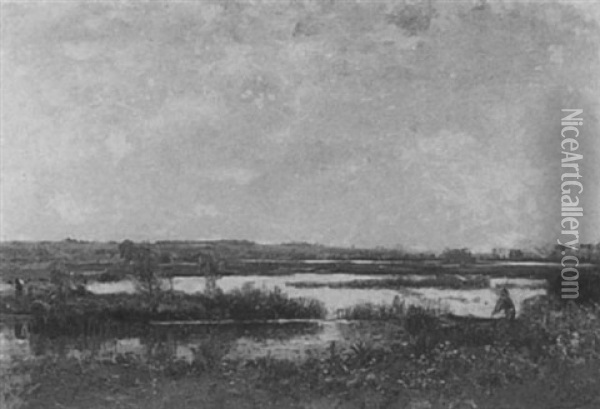 Figures In An Extensive Marsh Landscape Oil Painting - Louis Aime Japy