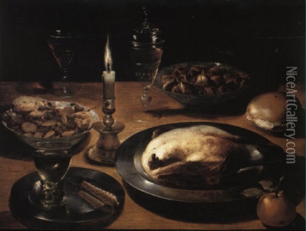 Duck On A Pewter Plate, Hazlenuts, Bowl And Roemer On A Table Oil Painting - Osias Beert the Elder