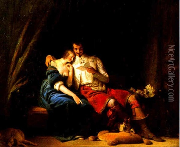 Deux Epoux Relisant Leur Correspondance Amoureuse Oil Painting - Alexandre-Evariste Fragonard