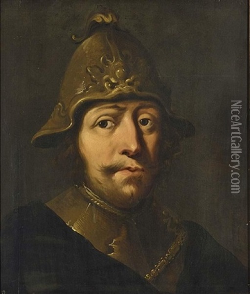 A Tronie Of A Soldier, Head And Shoulders, Wearing A Helmet And A Gorget Oil Painting - Pieter Jansz Quast
