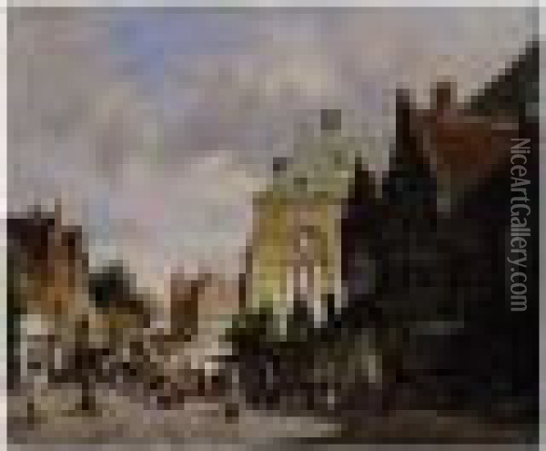 A View Of A Sunlit Dutch Town Oil Painting - Adrianus Eversen