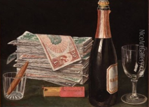 Still Life With Money Pile And Champagne Oil Painting - Victor Dubreuil