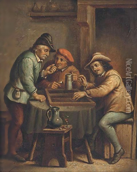 Boors playing backgammon and drinking in an interior Oil Painting - Bartolome Esteban Murillo