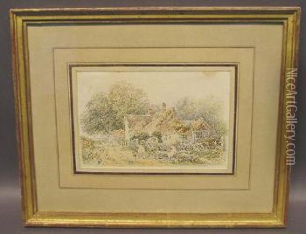 Rural Scene With Thatched Roof Cottage Oil Painting - Myles Birket Foster
