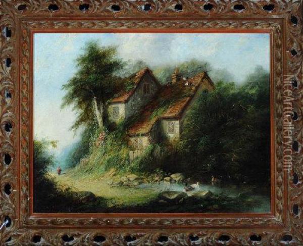 A Country Cottage With A Duck Pond In The Foreground Oil Painting - George Armfield