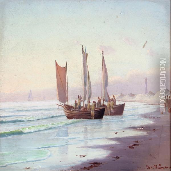 Beach Scenery With Fishermen Oil Painting - Johann Jens Neumann