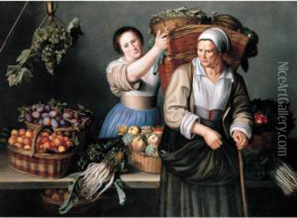 A Market Stall With A Young Woman Giving A Basket Of Grapes To An Older Woman Oil Painting - Louise Moillon