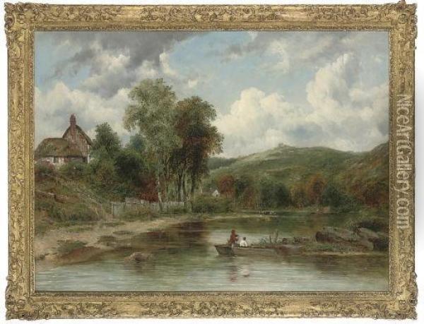 Wooded Landscape With Figures In A Boat, Cottages Beyond Oil Painting - Frederick Waters Watts