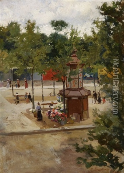 Pariser Parkszene Mit Einem Blumenladen Oil Painting - Carlo Brancaccio