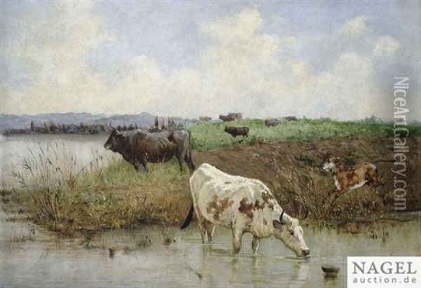 River Landscape With Cows Oil Painting - Giuseppe Gabani
