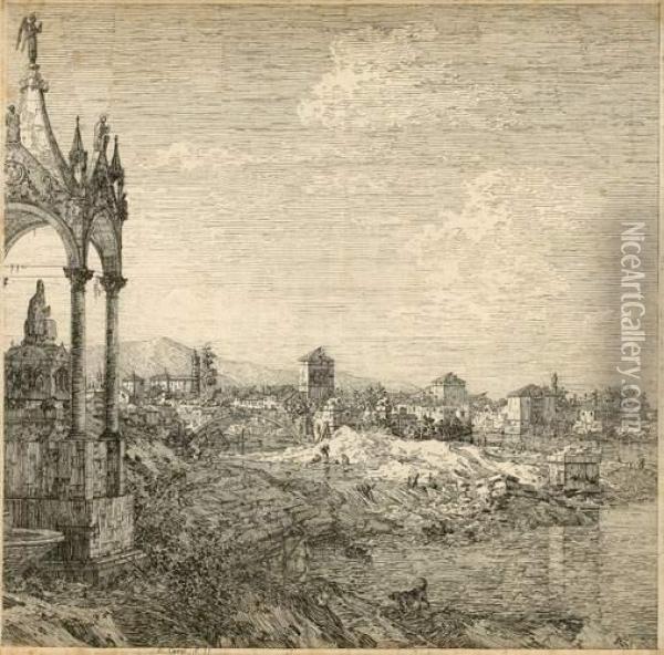 Vue D'une Ville Avec La Tombe D'un Eveque (partie Droite). Vers
 1744. Oil Painting - (Giovanni Antonio Canal) Canaletto