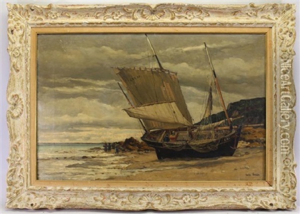 Painting Of A Beached Sailing Vessel Oil Painting - Emile Louis Vernier