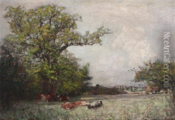 Cattle In A Meadow With Castle Beyond Oil Painting - Alexander Brownlie Docharty
