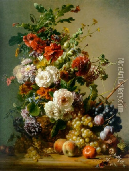 Dahlias, Nasturtiums, Roses And Other Flowers In A Copper Ewer With Plums, Grapes And Peaches On A Marble Ledge Oil Painting - Hendrik Reekers
