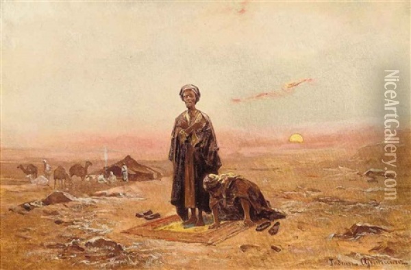 Bedouins Praying In The Desert Oil Painting - Tadeusz Ajdukiewicz