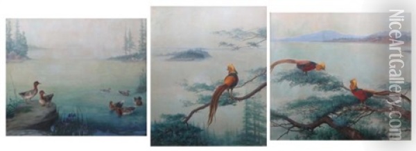 Golden Pheasant In Expansive Landscapes And Ducks In An Inslet: 3 Oil Painting - Maud Earl