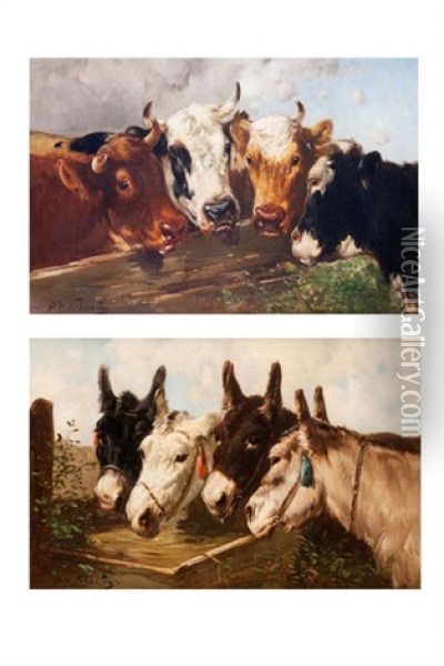 Quatre Vaches Et Quatre Anes Pres Du Mangeoire (pair) Oil Painting - Henry Schouten