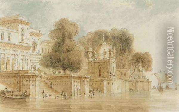 Ghats At Bithur Oil Painting - William Daniell RA