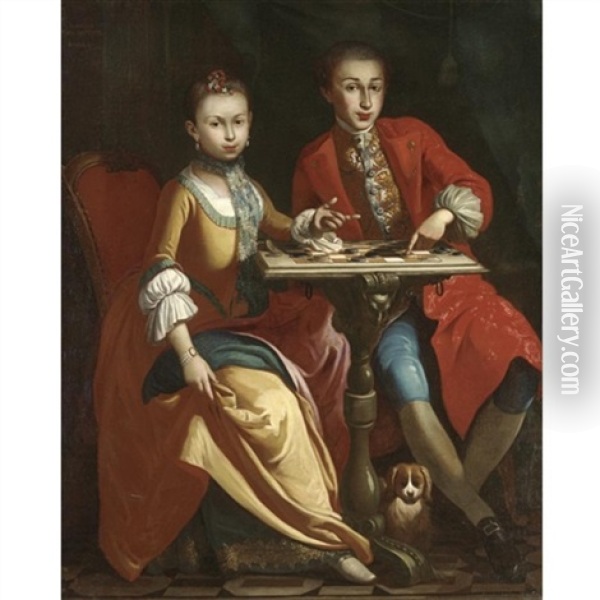 Portrait Of A Pair Of Noble Children, Full Length, Seated At A Table Playing Draughts, A Small Dog Seated Below Oil Painting - Giuseppe Bonito