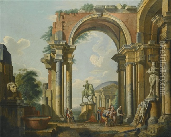 A Capriccio Of Architectural Ruins Oil Painting - Giovanni Paolo Panini