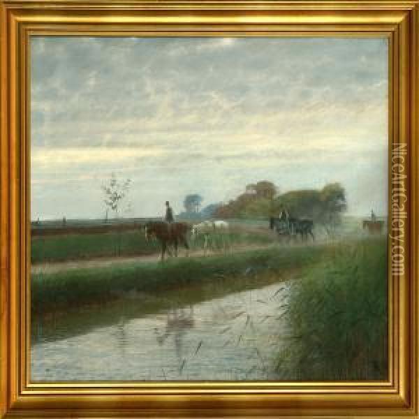 A Man Is Driving His Horses Home Oil Painting - Frants Peter Didrik Henningsen
