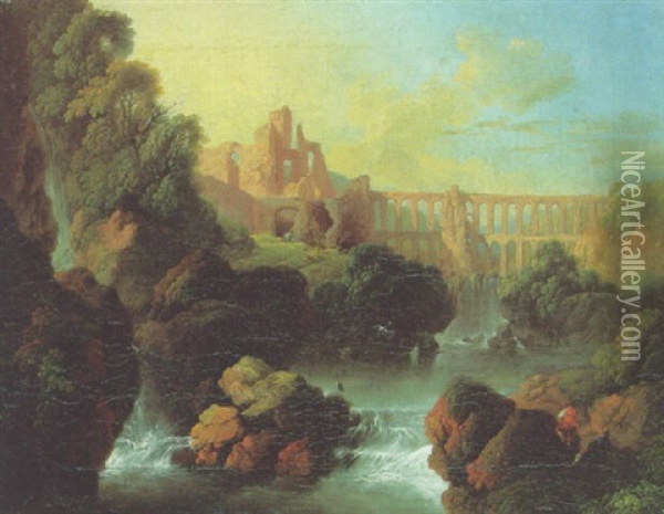 A Classical Landscape With A Waterfall Before An Aqueduct And Peasants In The Foreground Oil Painting - Claude Louis Chatelet