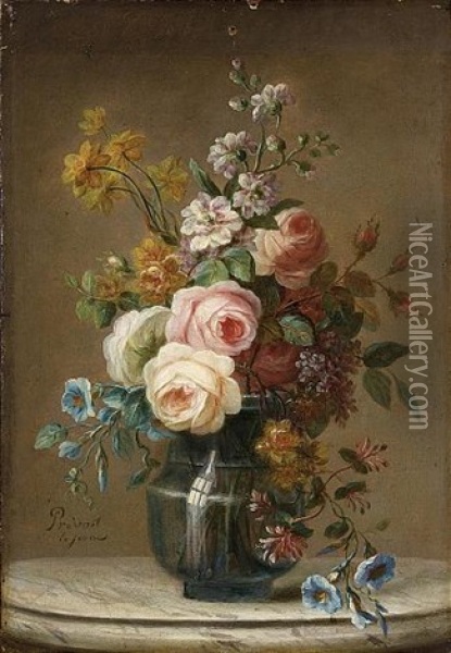 A Still Life With Roses, Daffodils, Morning Glory, Honeysuckle And Other Flowers Oil Painting - Jean Louis Prevost