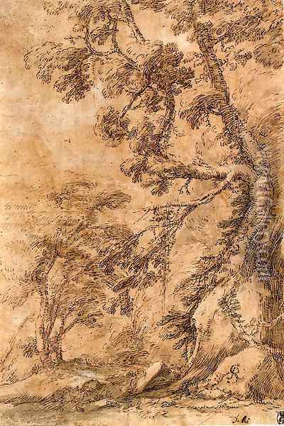 A figure lying by a tree below a cliff Oil Painting - Salvator Rosa