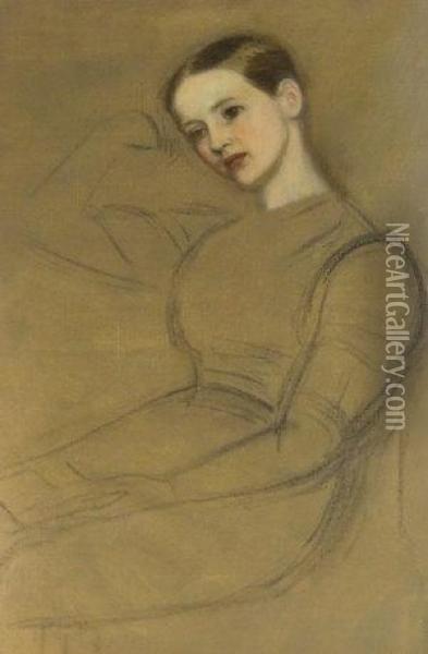 Portrait Of A Seated Girl Oil On Unstretched Canvas With Charcoal Oil Painting - Arthur Hughes