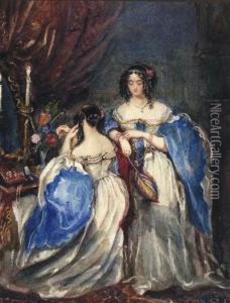 Two Ladies In A Dressing Room Oil Painting - Alfred-Edward Chalon