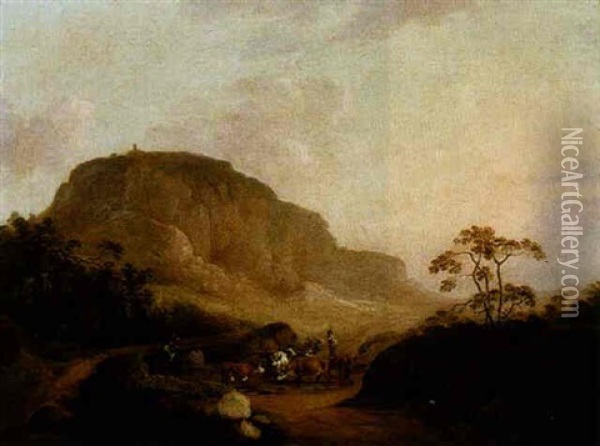 Rocky Landscape With Drovers And A Milkmaid Fording A Stream Oil Painting - John Rathbone