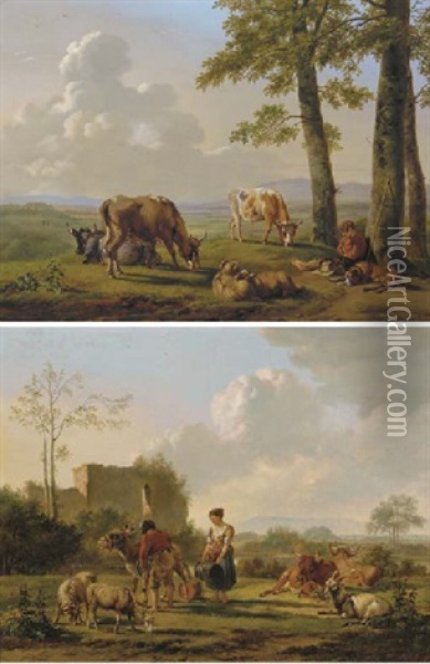 Landschap Met Vee - Landscape With Cattle (+ Het Melkuur - Milking Time, 1811; 2 Works) Oil Painting - Pieter Gerardus Van Os