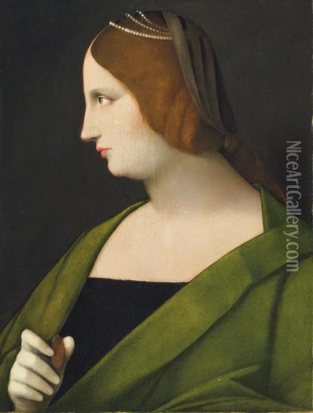 Portrait Of A Lady, Bust-length In Profile, With A String-of-pearls Headdress And A Grey Veil, In A Green Mantle, Holding A Medal Oil Painting - Vincenzo di Biagio Catena