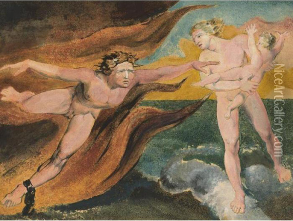 The Good And Evil Angels Struggling For Possession Of A Child Oil Painting - William Blake