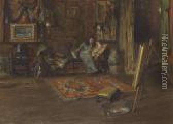 Interior Of William Merritt Chase's Tenth Street Studio Oil Painting - Irving Ramsay Wiles