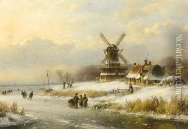 Skaters On A Frozen Waterway By A Windmill Oil Painting - Lodewijk Johannes Kleijn