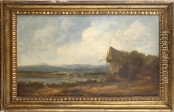 Windmill By A Lake Oil Painting - Alfred Vickers