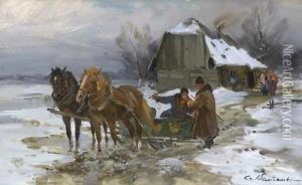 Pferdeschlitten Vor Einem Bauernhaus In Winterlandschaft. Oil Painting - Ignacy (Czeslaw Wasilewski) Zygmuntowicz