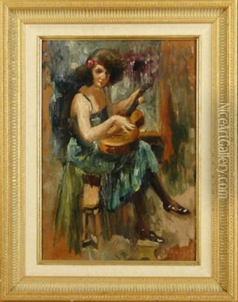 Femme A La Guitare (+ Portrait De Dame, Verso) Oil Painting - Gerard Roosen