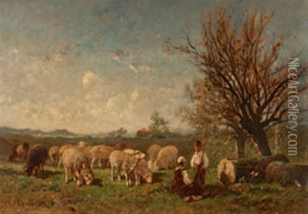 Weite Landschaft Mit Schafhirten Und Herde Oil Painting - Felix Saturnin Brissot de Warville