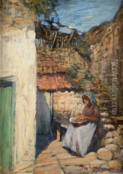 An Elderly Lady Seated Outside Cottages Preparing A Bowl Of Food Oil Painting - Mark Senior